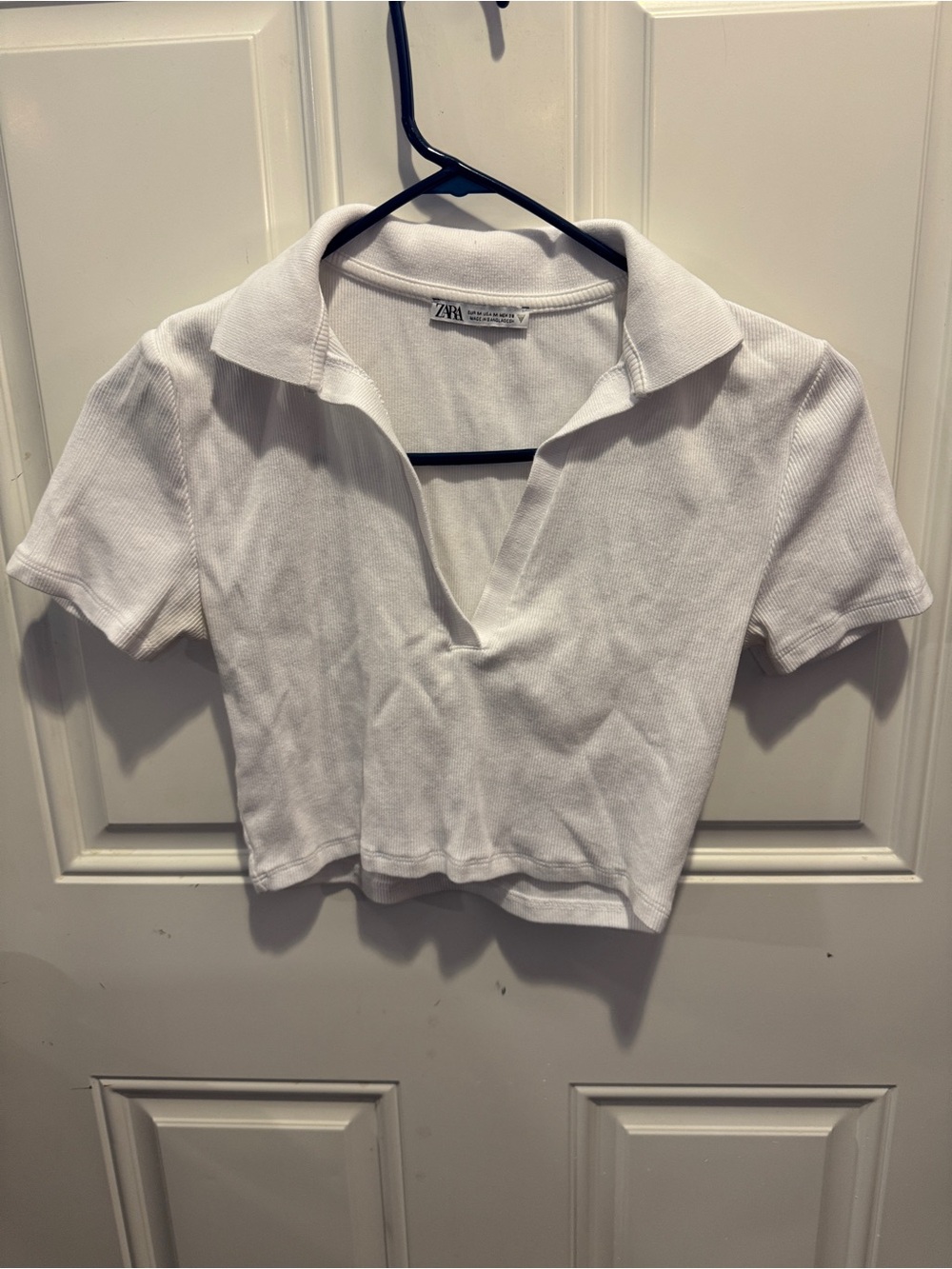 Zara Ribbed Cotton V-Neck Cropped Polo Top Short Sleeve Size M